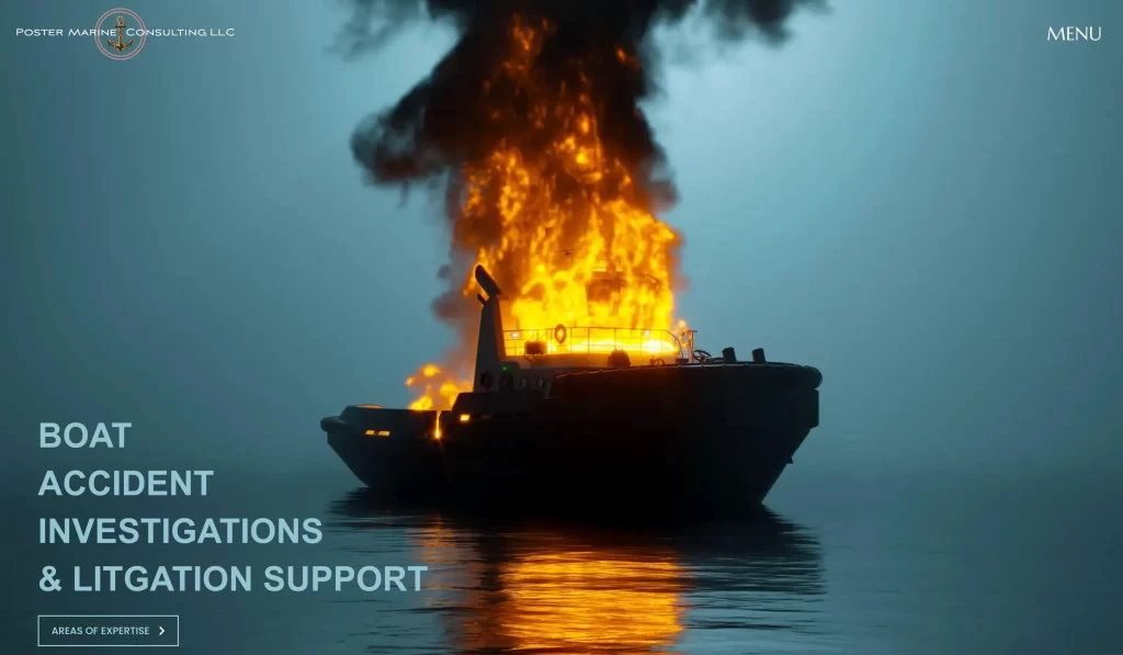 Website portfolio image of a burning boat in the water for Poster Marine Consulting, LLC, in Sun Valley, Idaho.