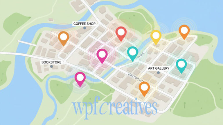 WPF Creatives City map with colorful location pins marking local businesses