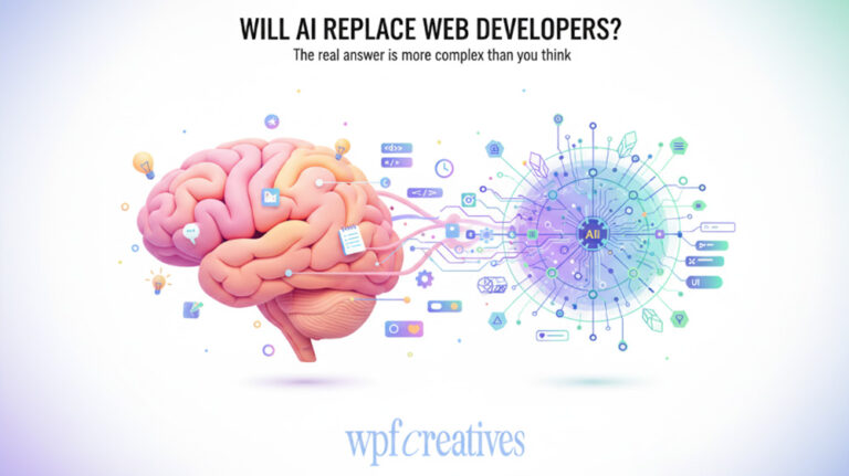 Human brain linked to AI network graphic asking if AI will replace web developers, symbolizing tech and creativity.