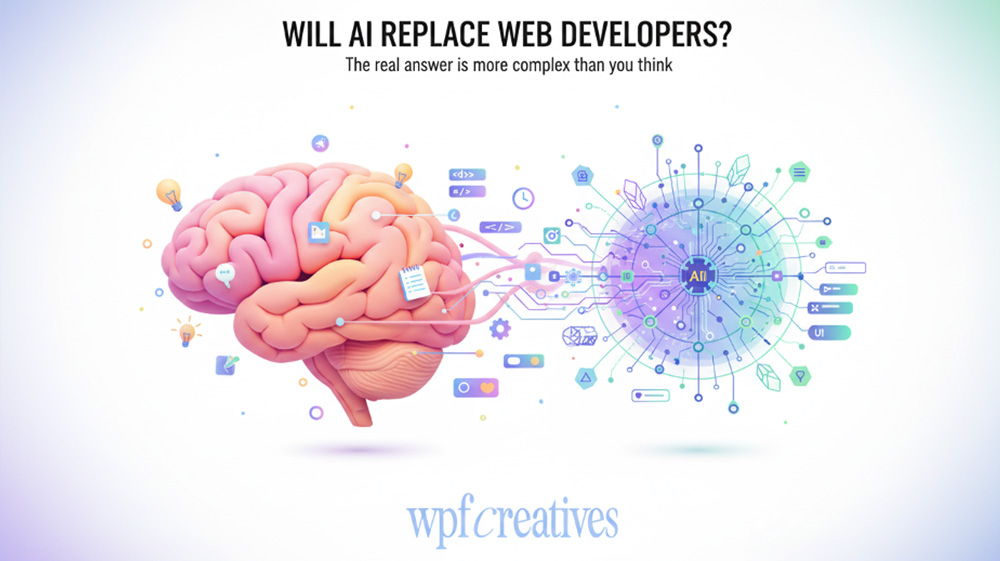 Human brain linked to AI network graphic asking if AI will replace web developers, symbolizing tech and creativity.