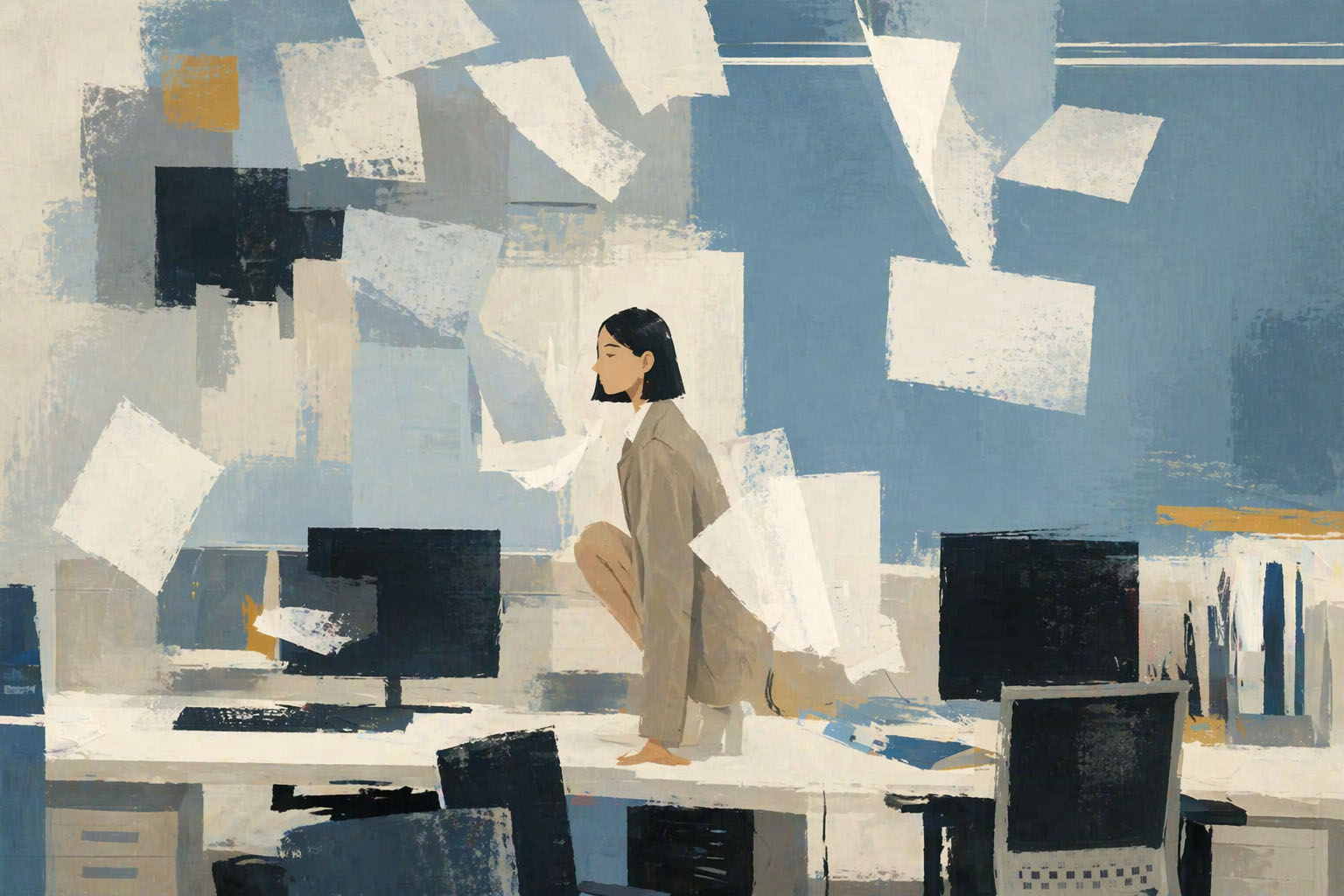 Woman on desk with papers floating around.