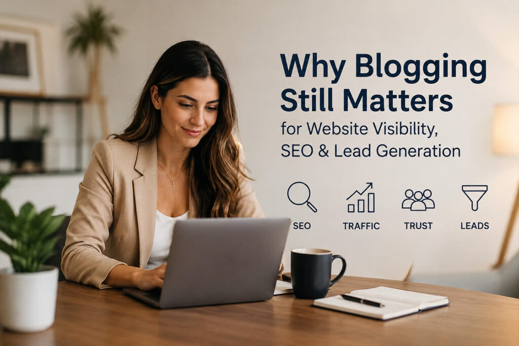 Professional woman working on a laptop in a modern office workspace representing blogging, SEO, website visibility, and lead generation for WPF Creatives.