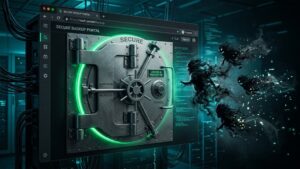 Secure data backup and cybersecurity protection system featuring a digital vault shielding business data from malware, ransomware, and cyberattacks.