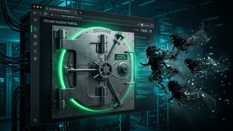 Secure data backup and cybersecurity protection system featuring a digital vault shielding business data from malware, ransomware, and cyberattacks.