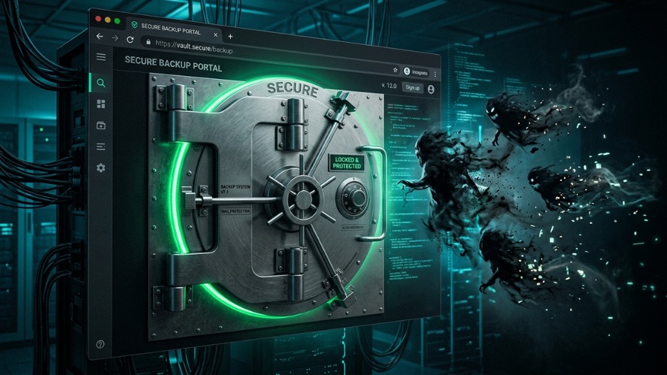 Secure data backup and cybersecurity protection system featuring a digital vault shielding business data from malware, ransomware, and cyberattacks.