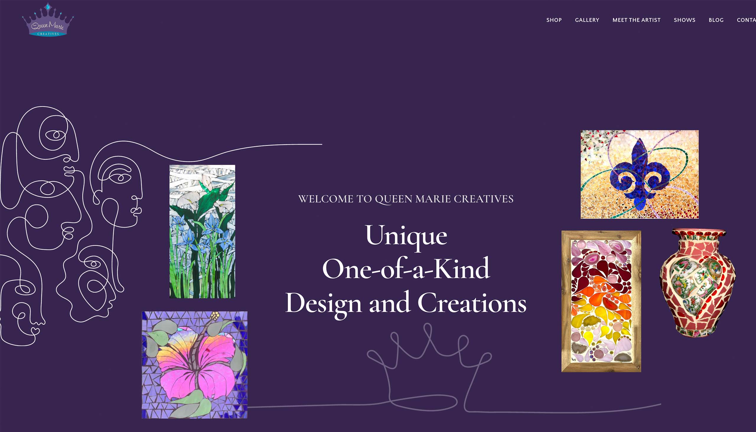Homepage hero banner for Queen Marie Creatives featuring handcrafted mosaic artwork