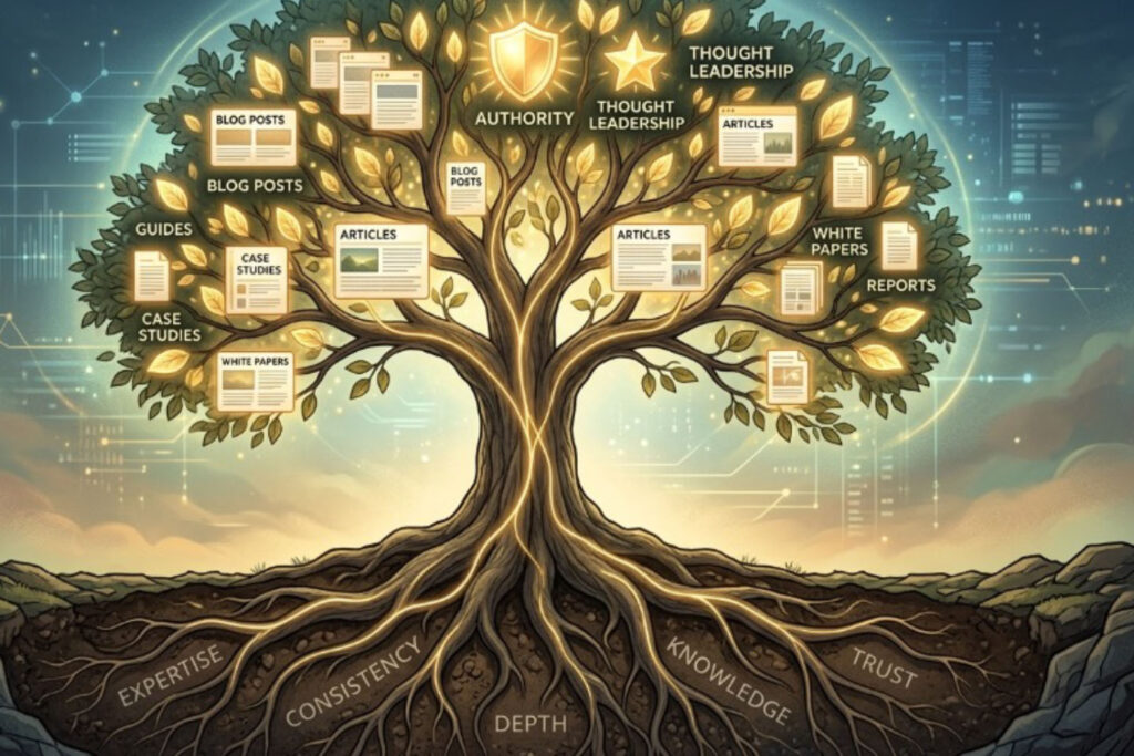 Illustration of a thriving knowledge tree representing AI search optimization, with roots labeled expertise, consistency, depth, knowledge, and trust supporting branches filled with blog posts, articles, case studies, white papers, reports, and thought leadership content.