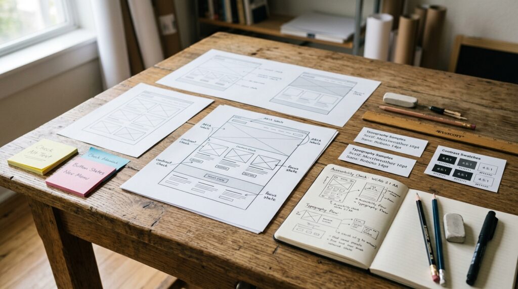 Designer planning ADA remediation with website wireframes, accessibility notes, and WCAG design guidelines spread across a workspace.