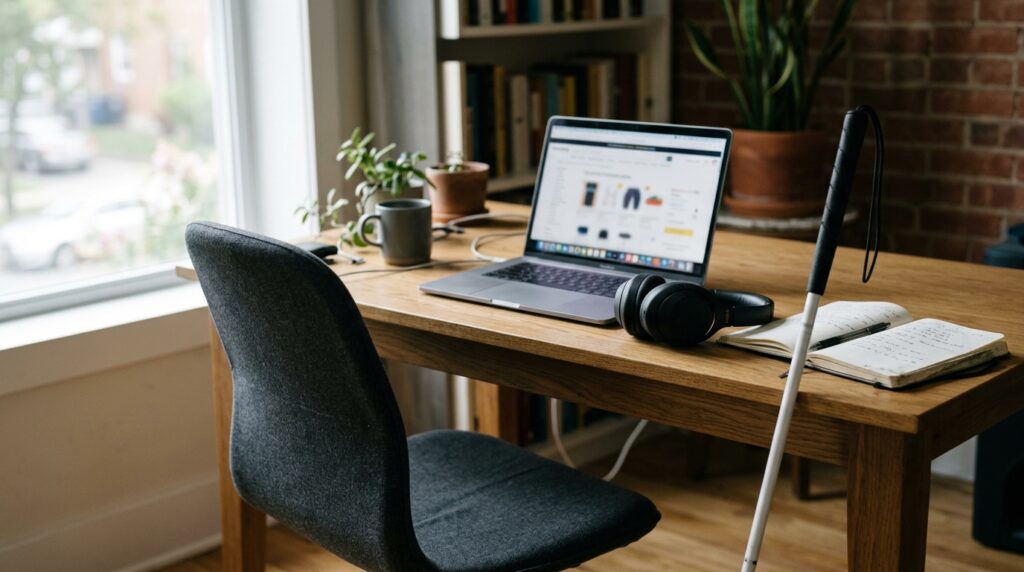 ADA remediation workspace showing an e-commerce website beside a white mobility cane, illustrating the importance of website accessibility for users with disabilities.