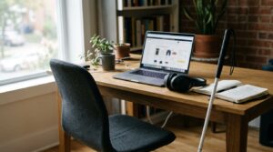ADA remediation workspace showing an e-commerce website beside a white mobility cane, illustrating the importance of website accessibility for users with disabilities.