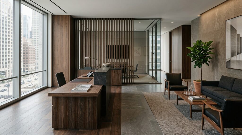 Modern law firm office interior with a reception desk, private offices, and city views