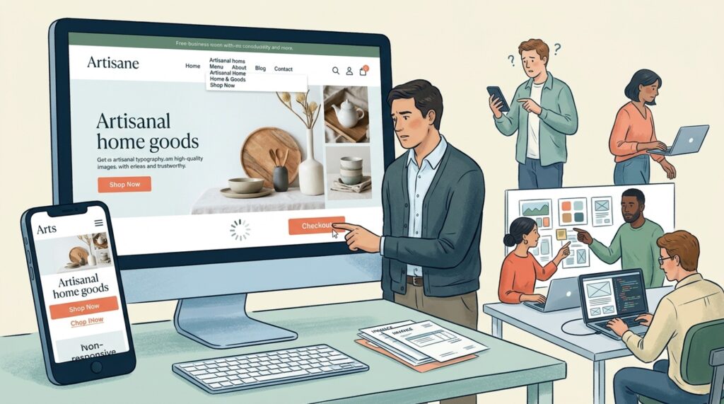 Frustrated shopper facing a stuck checkout and non-responsive layout on a poorly built site