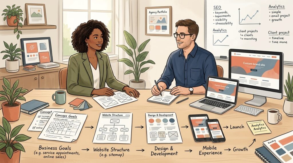 Web designer choosing colors and layout beside a developer writing code for the same site