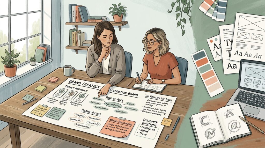 Two people building a branding strategy board covering tone of voice, values, and positioning