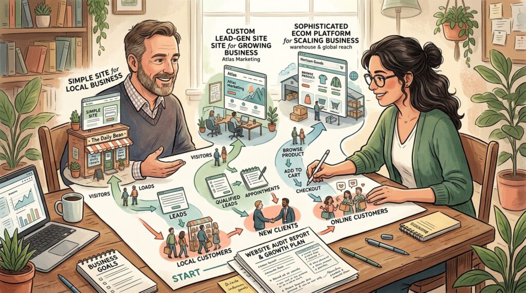 Business owner comparing three website proposals ranging from basic to full ecommerce