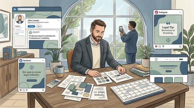 Attorney reviewing law firm branding colors alongside LinkedIn, Facebook, and Instagram mockups