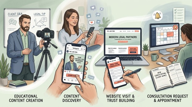 Law firm content marketing funnel from social post to website visit to booked consultation