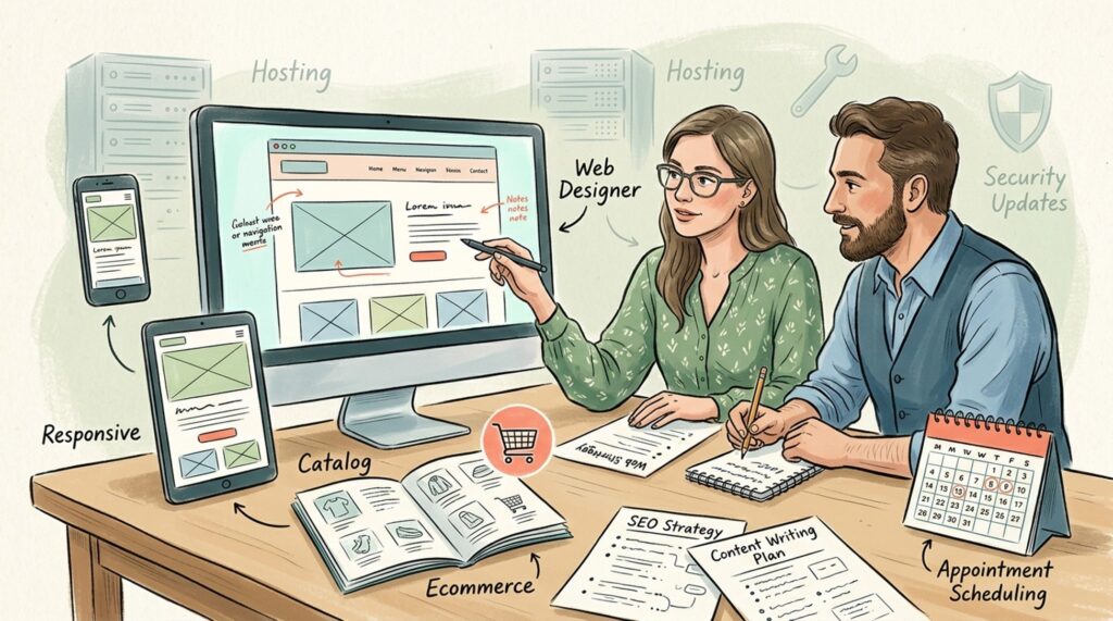 Web designer and developer reviewing a wireframe covering hosting, SEO, and ecommerce features
