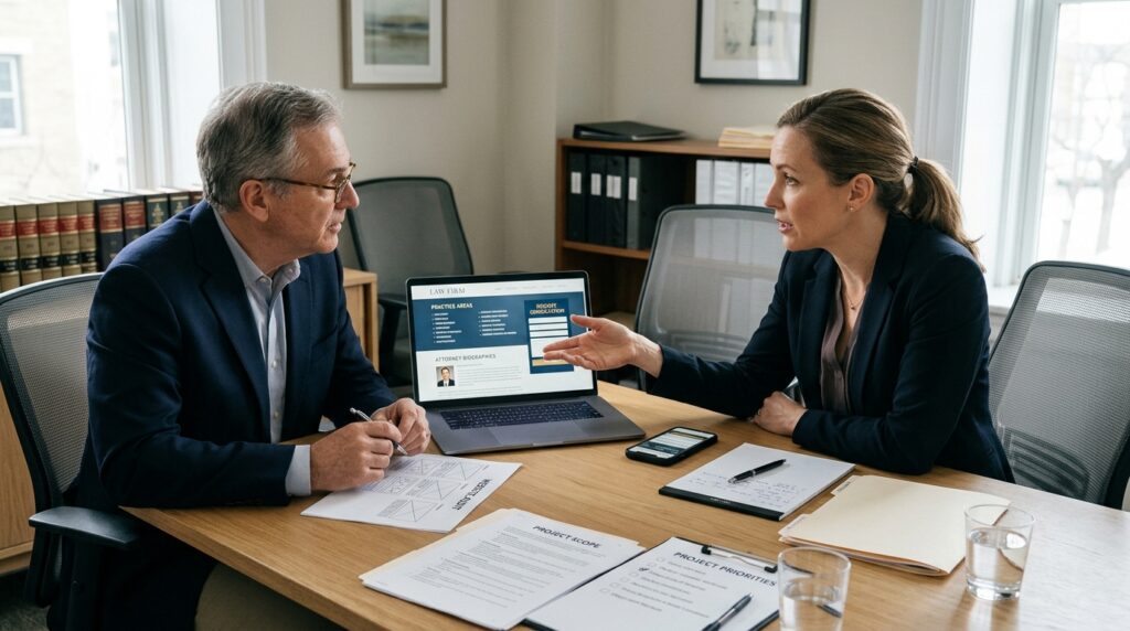 Two attorneys reviewing a law firm website design with attorney bios and consultation form