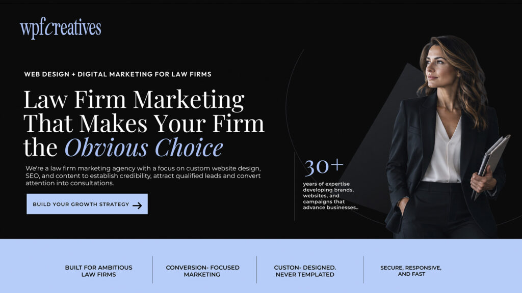 WPF Creative law firm marketing agency homepage with headline and experience stats
