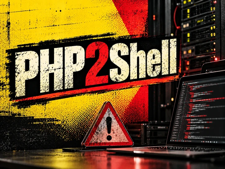 PHP2Shell vulnerability security alert showing server equipment and code